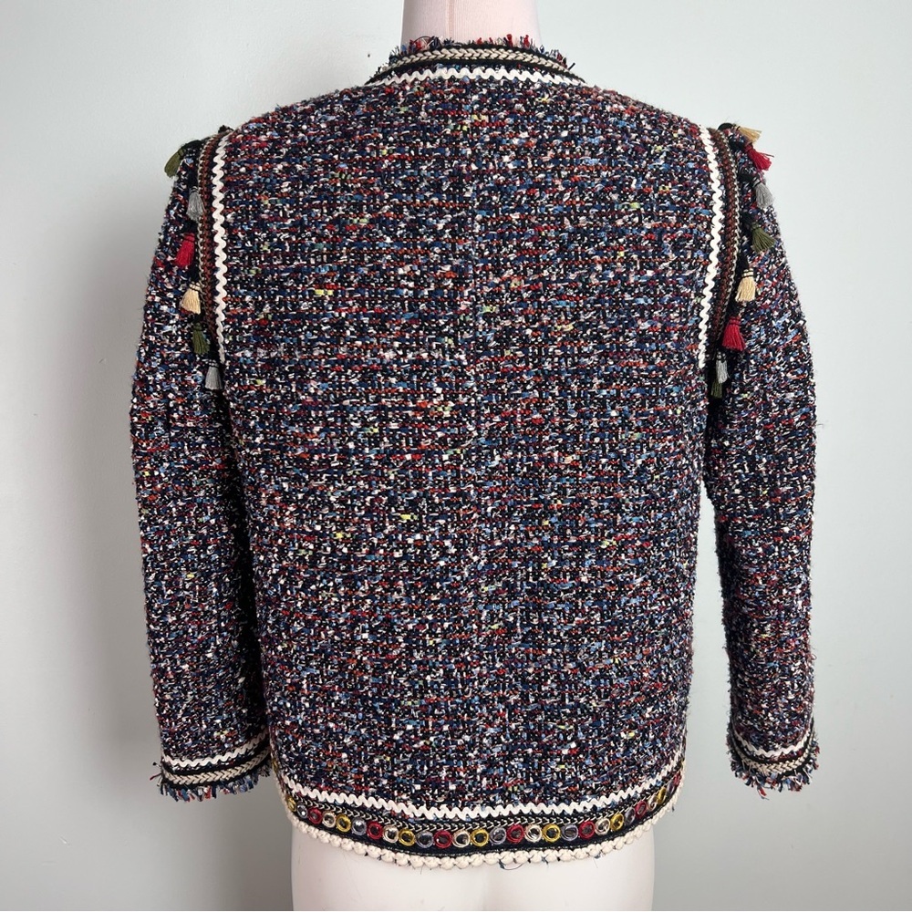 Zara Woman Tweed Blazer Jacket Small Multicolor Parisian Chic Tassel Fringe Pom - Picture 11 of 15
